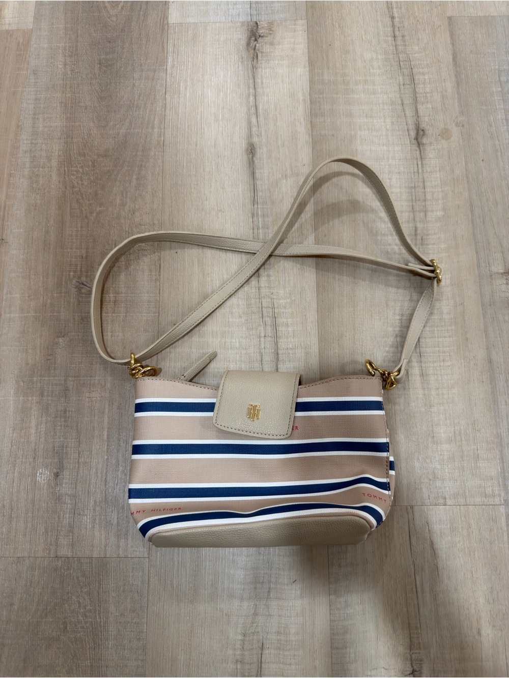 Tommy Hilfiger Beige, Navy and White Striped Crossbody Bag